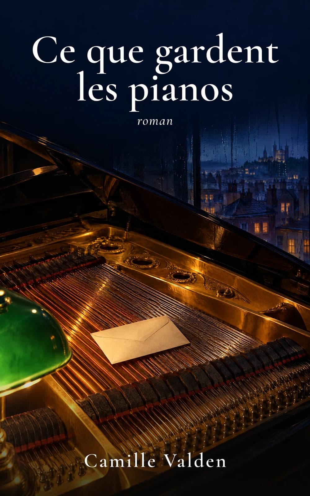 Couverture de Ce que gardent les pianos : une lettre dans un piano, devant Lyon illuminée.