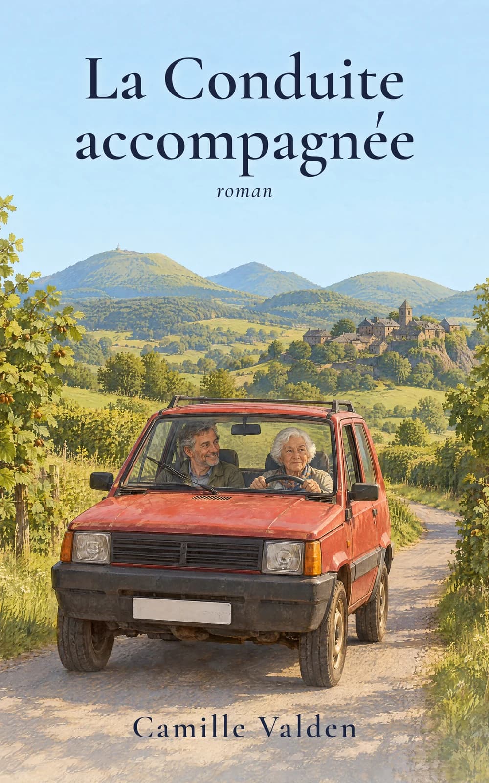 Couverture de La Conduite accompagnée : Albertine au volant d’une voiture rouge, accompagnée de Rémi, sur une route d’Auvergne.