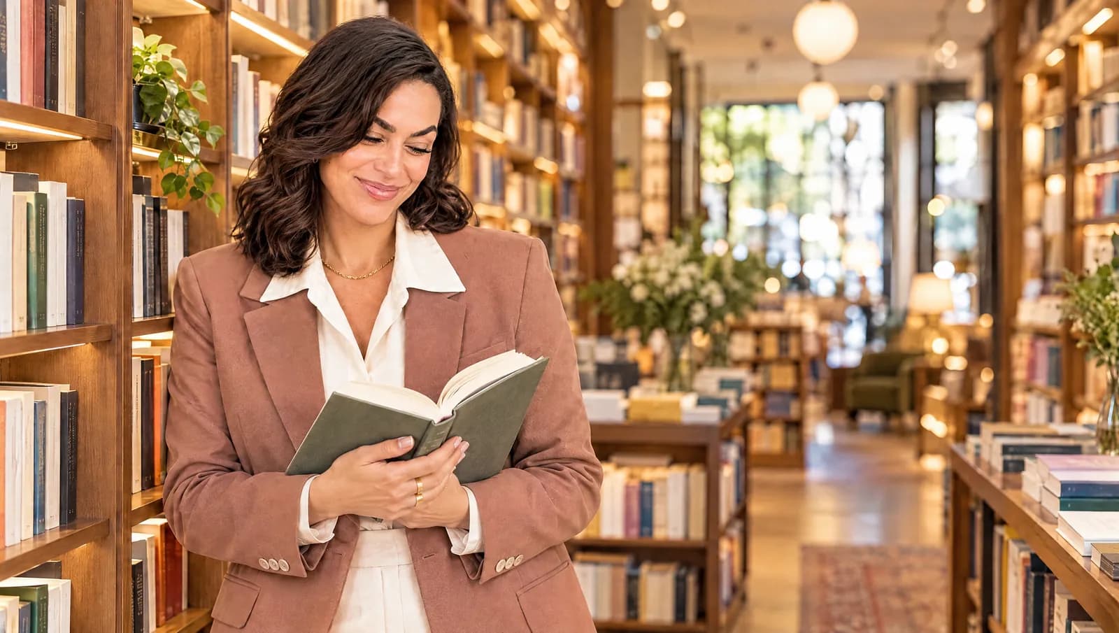 Camille Valden feuillette un livre entre les rayonnages d’une librairie