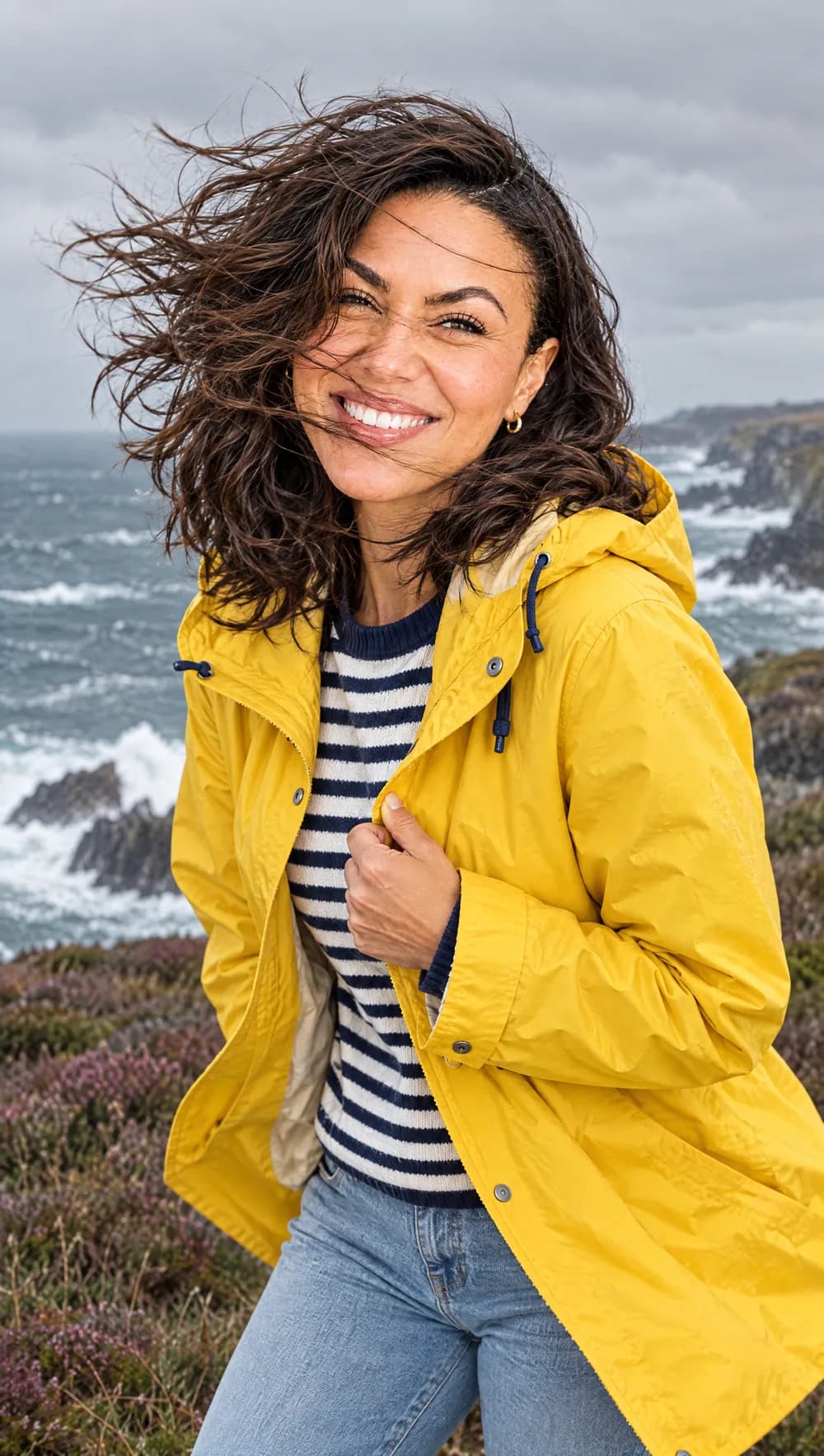 Camille Valden en ciré jaune, les cheveux au vent, sur la côte bretonne