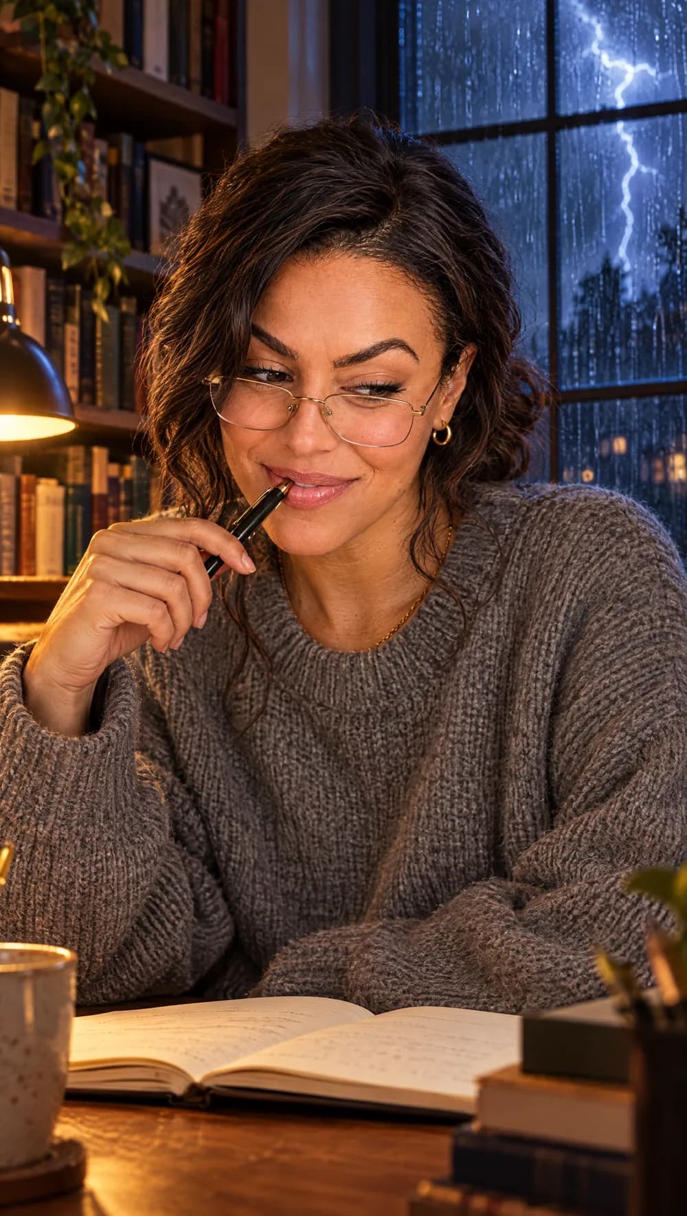 Camille Valden, un stylo aux lèvres, à son bureau un soir d’orage
