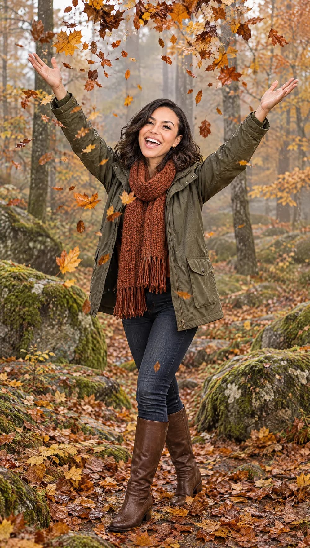 Camille Valden, les bras levés sous une pluie de feuilles d’automne, en forêt de Fontainebleau