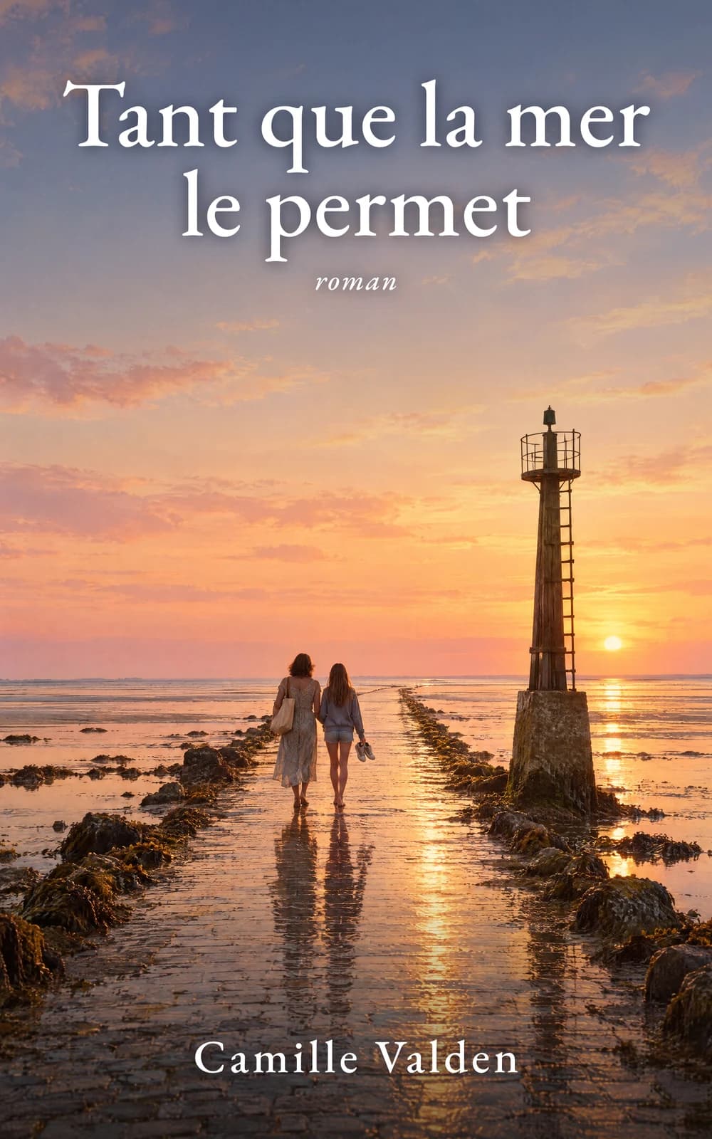 Couverture de Tant que la mer le permet : deux silhouettes sur le Passage du Gois au coucher du soleil.